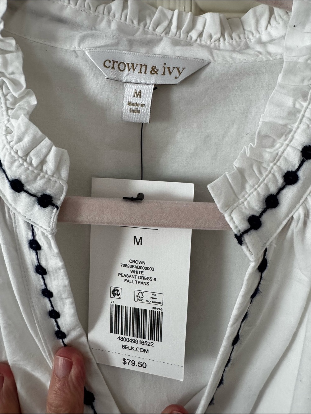 crown & ivy White Peasant Dress with Black Embroidered Trim